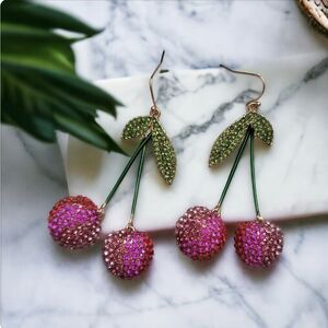 🍒 Dazzling Ombre Rhinestone Cherry Drop Earrings on French Wires 🍒